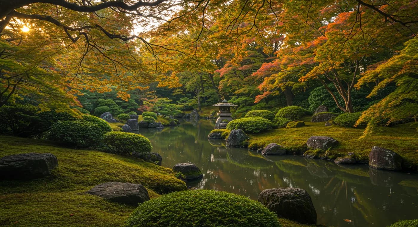 A still garden pond framed by autumn trees